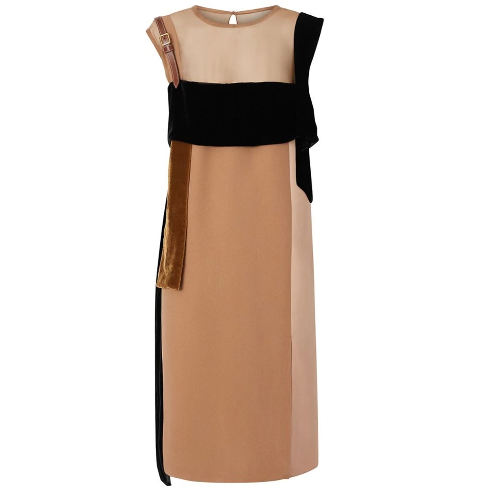 NWT: BURBERRY | Leather Strap Contrast Silk Dress